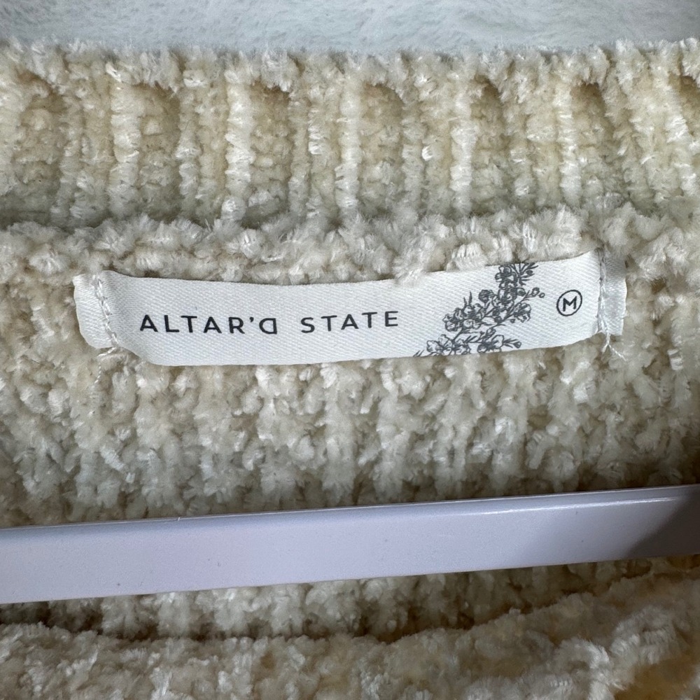 Altard State Chenille Waffle Knit Sweater Medium Oatmeal Cream Balloon Sleeve - Picture 8 of 11